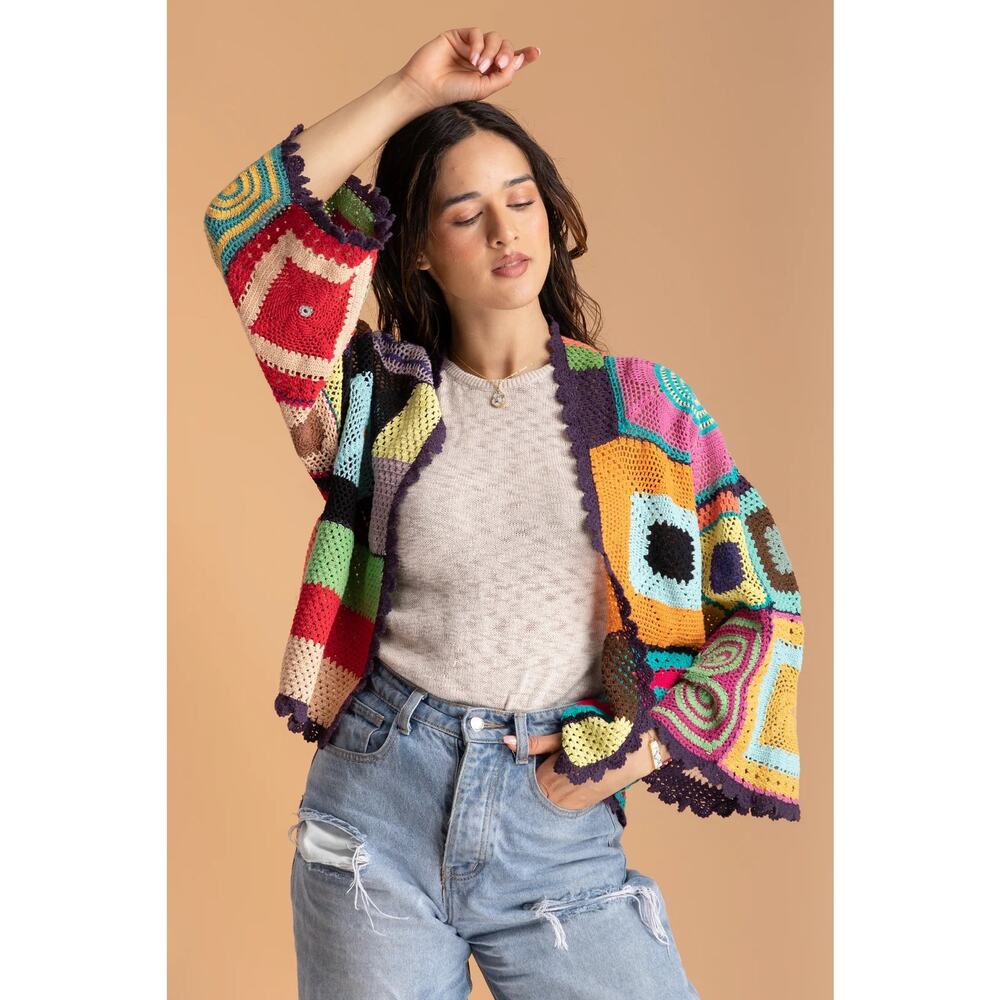 SAACHI Colorful Crochet Cotton Cardigan Jacket NWT - Picture 4 of 8
